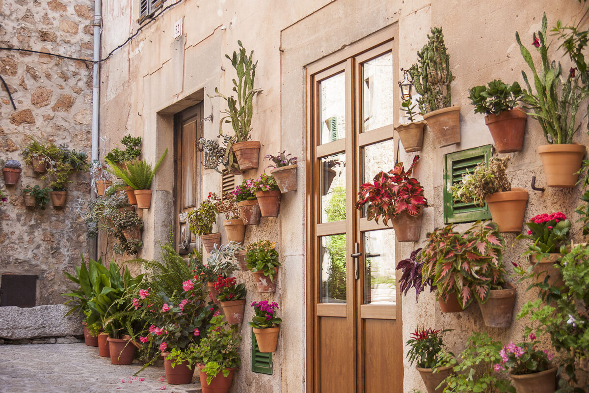 Hausfassade in Valldemossa mit vielen Blumentöpfen und mediterranen Pflanzen